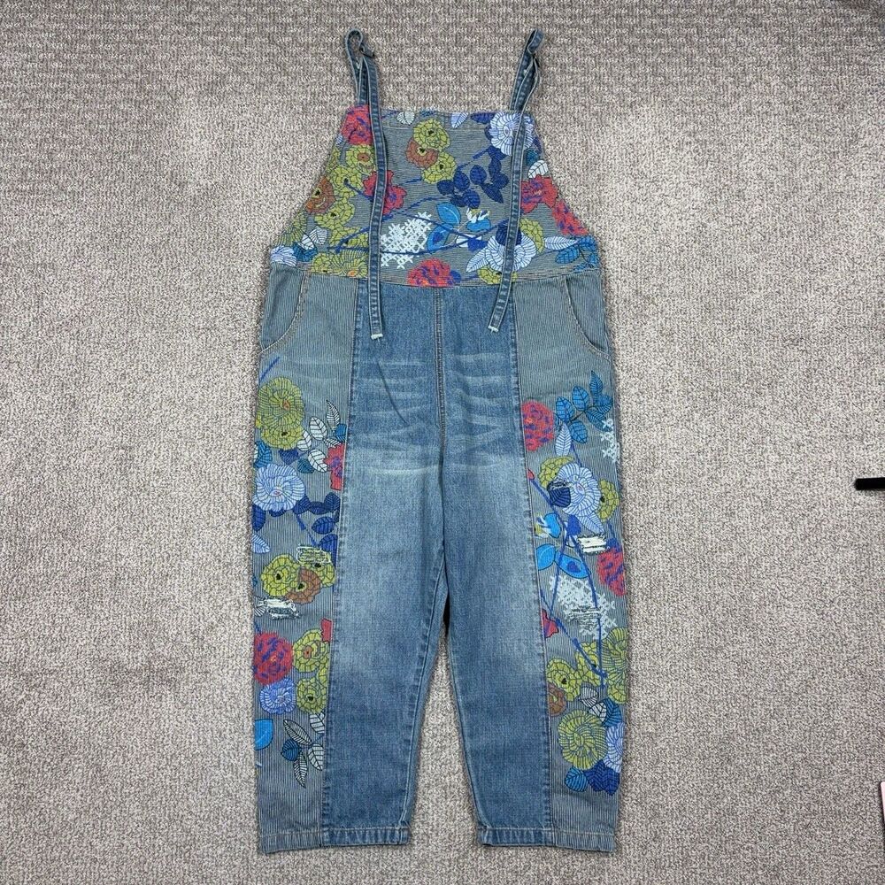 Monthorigin Overalls Womens Large Blue Denim Floral Pockets Boho Utility